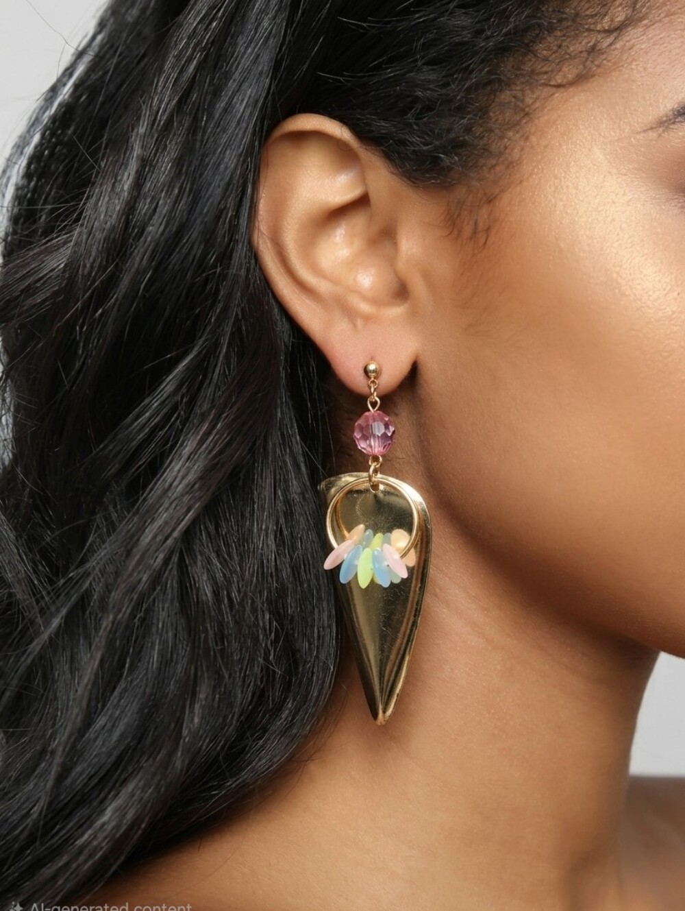 Gold Teardrop Earrings with Pink Bead and Pastel Accents